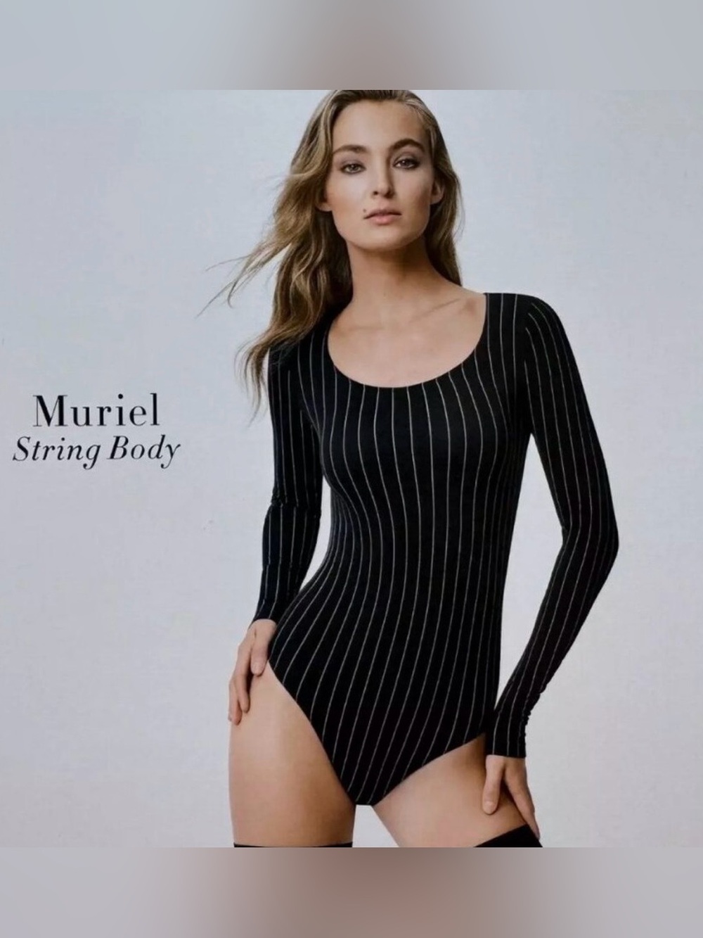 Wolford Black Pinstripe Long-Sleeve Scoop Neck Bodysuit-new condition never worn